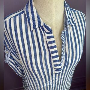 Blue & White Stripe Chambray Lightspun Textured Boho Relaxed Soft Blouse Easy M